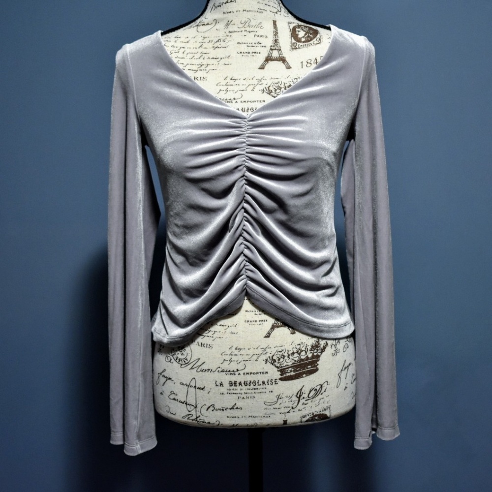 UO Silver Velvet Ruched Bell Sleeve Top